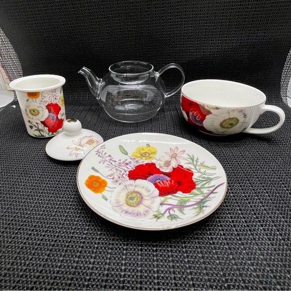 Grace Teaware Tea for One Cup Saucer Infuser With Lid Teapot Poppy Design - Picture 3 of 16